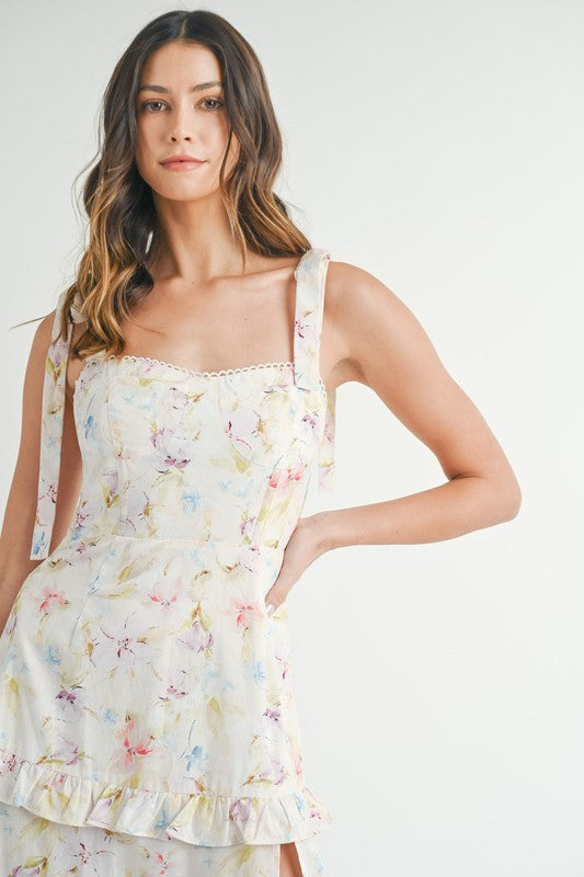FLORAL PRINT BUSTIER RUFFLE TIERED MAXI DRESS