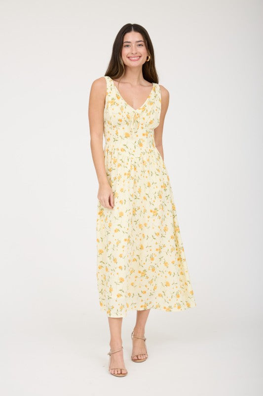 Floral V Neck Sleeveless Corset Midi Dress