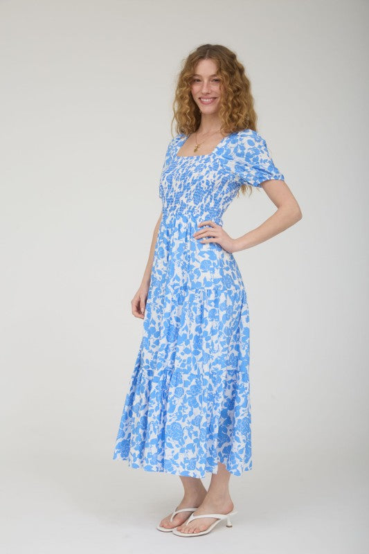 Floral Puff Sleeve Smocked Tiered Midi Dress
