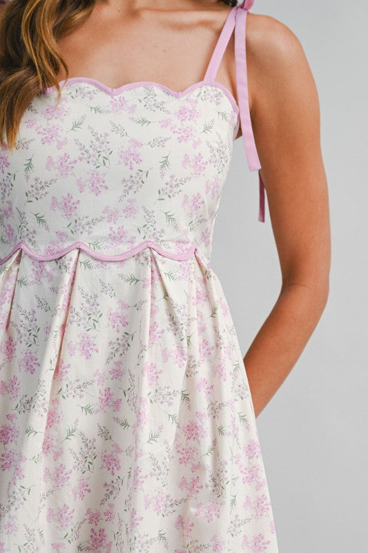 Floral Print Scallop Hem Contrast Self Tie Strap Midi Dress