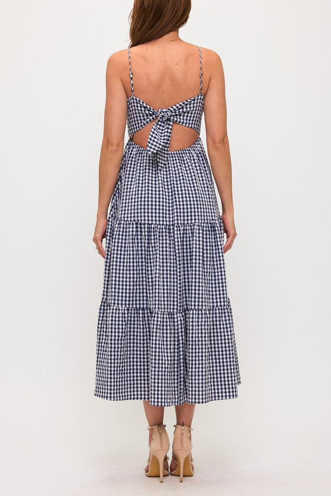 Gingham Bow Bust Tie Back Tiered Maxi Dress