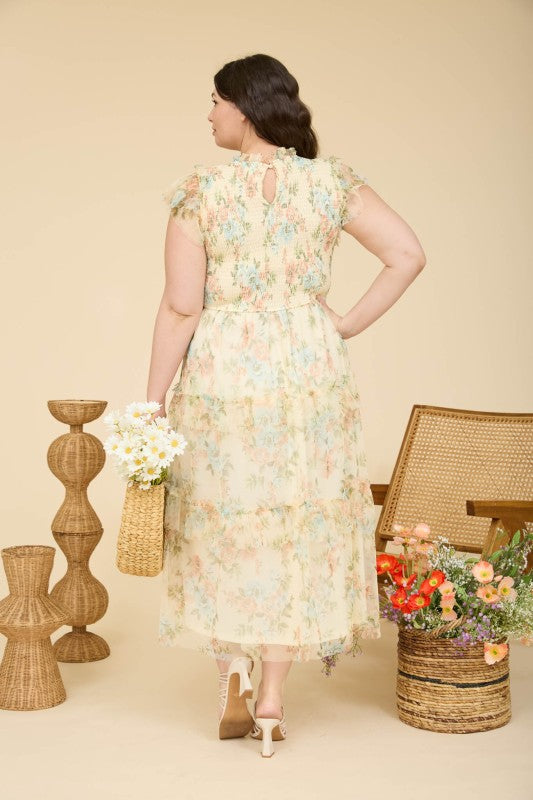 Plus Floral Tulle Pattern Smocked Midi Dress