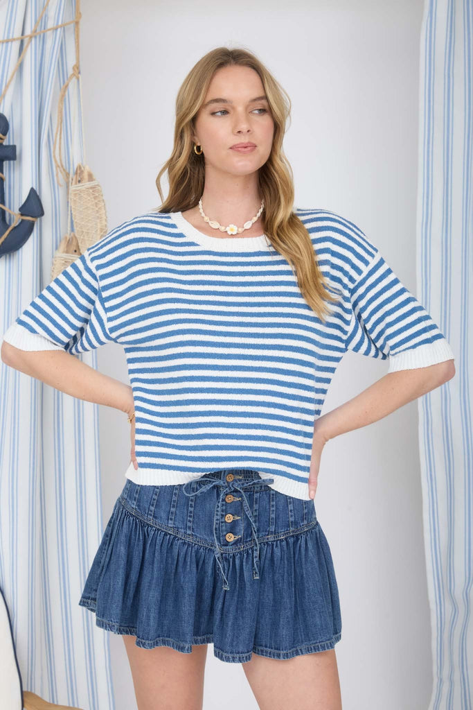 Stripe Contrast Trim Short Sleeve Knit Sweater