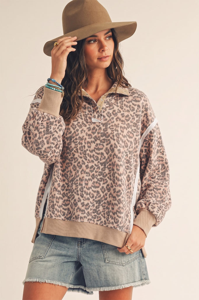 Leopard Untamed Signature Button Collar Pullover