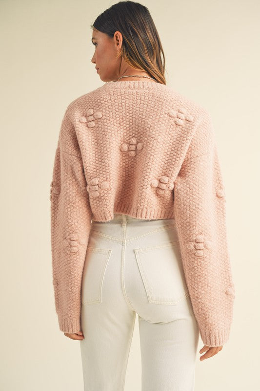 LONG SLEEVE 3D FLORAL TEXTURED CROP KNIT SWEATER
