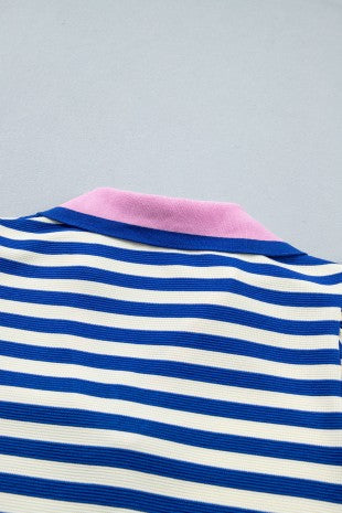 Stripe Contrast Trim Polo Collar Ruffled Short Sleeve Blouse
