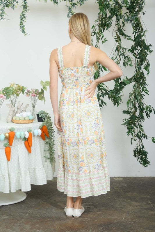 Border Floral Sleeveless Front Tie Midi Dress