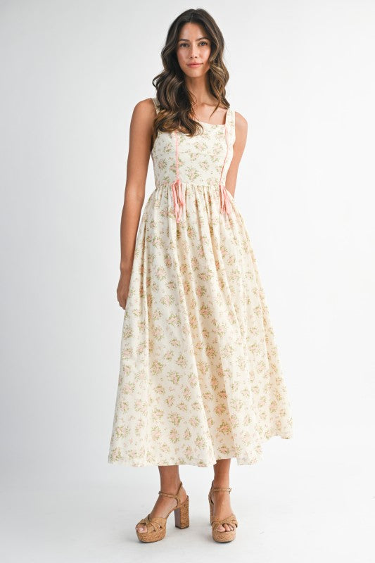 Floral Print Square Neck Contrast Pipinig Dress