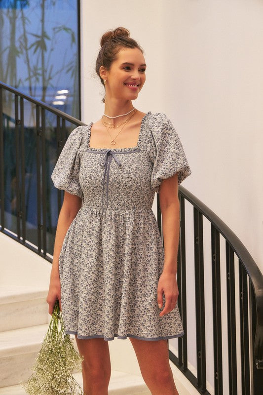 Romantic Ditsy Smocked Mini Dress With Bubble Slvs