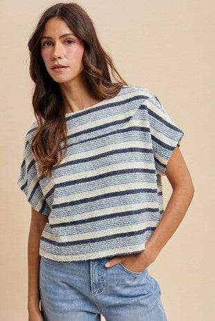 Tweed Texture Striped Crop Knit Top