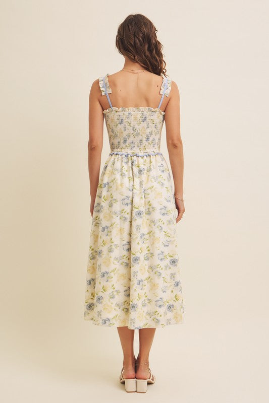 Lovely Floral Smocked Midi Dress With Bow