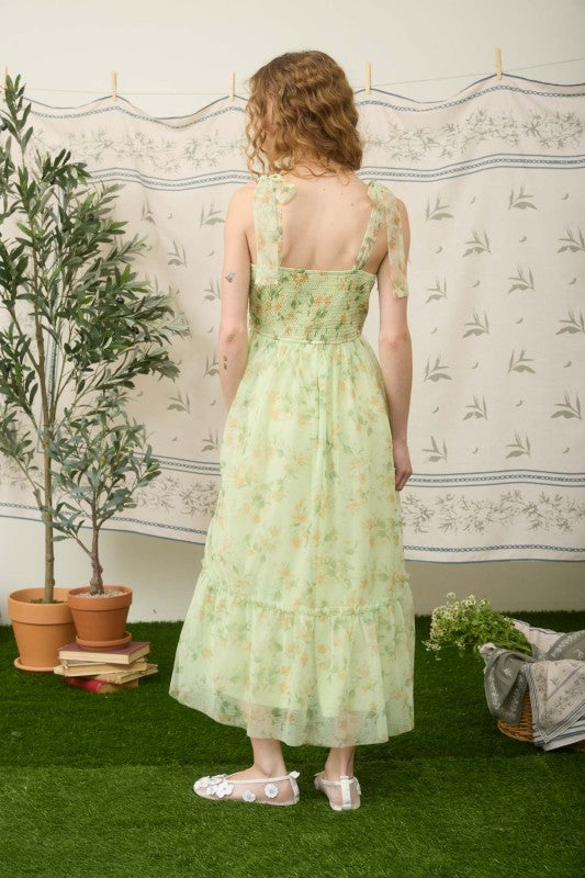 Floral Shirred Bodice Sleeveless Midi Dress