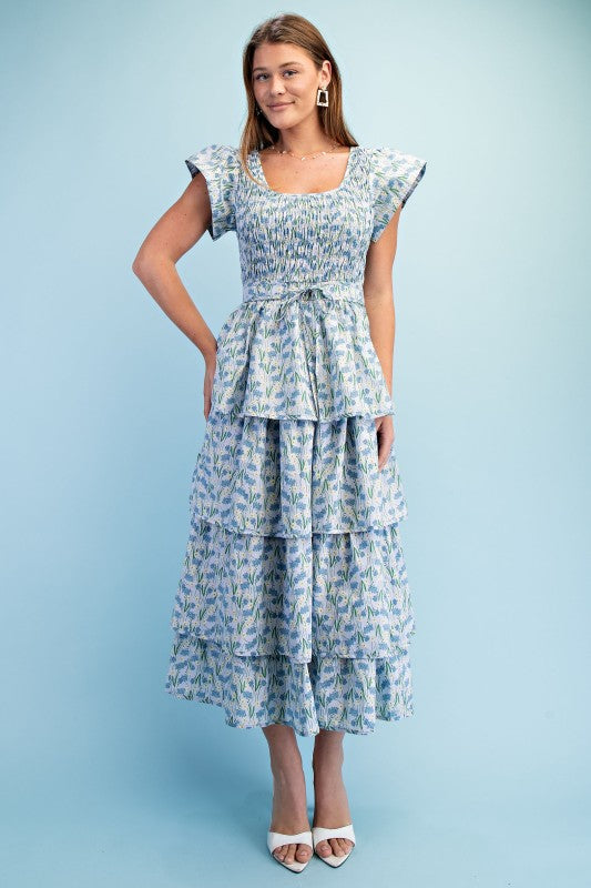 Floral Tiered Elastic Waist Midi Dress