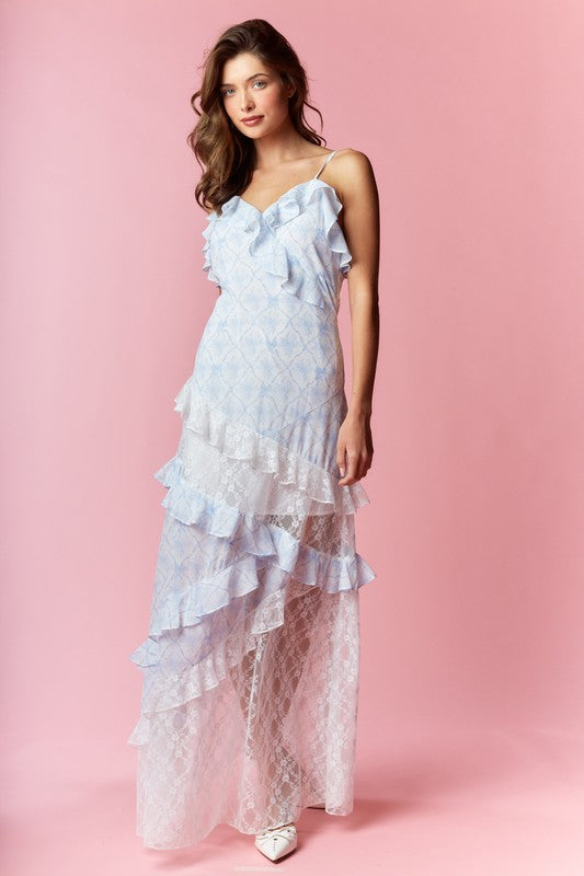 Coquette Printed Lace Mixed Ruffle Maxi Dress