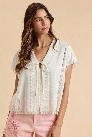 Linen Tie- Front Oversized Top With Lace Accent