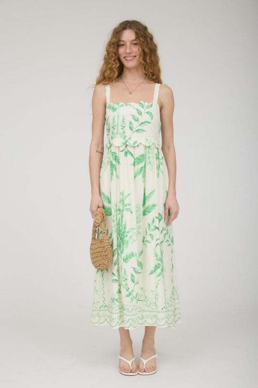 Leaf Print Scallop Detail Sleeveless Midi Dress