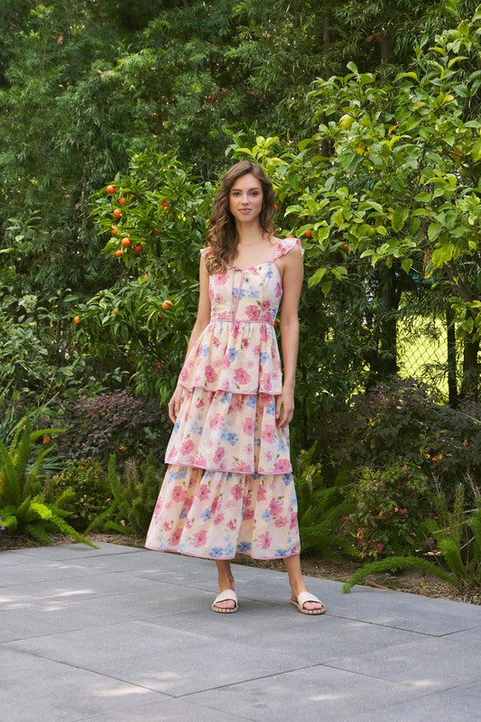 Floral Midi Dress With Ruffled Straps