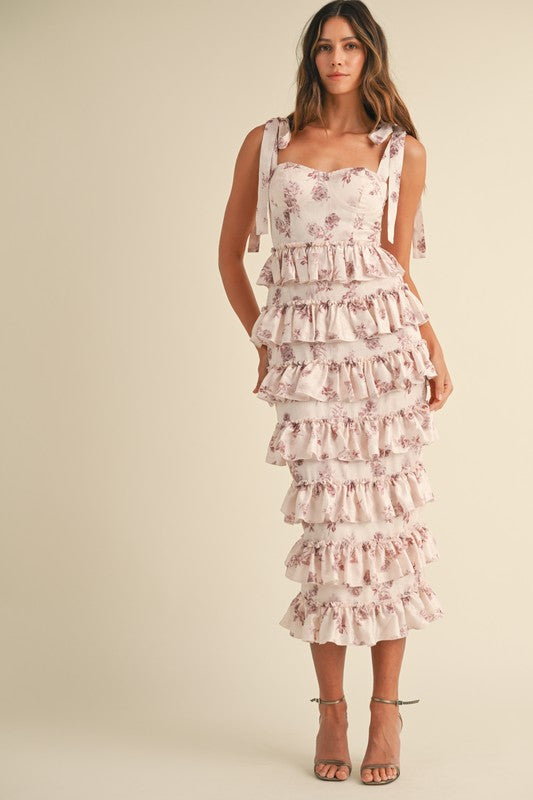 FLORAL PRINT RUFFLE TIERED BUSTIER MIDI DRESS