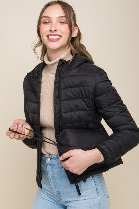 Zip Up Puffer Jacket with Storage Pouch