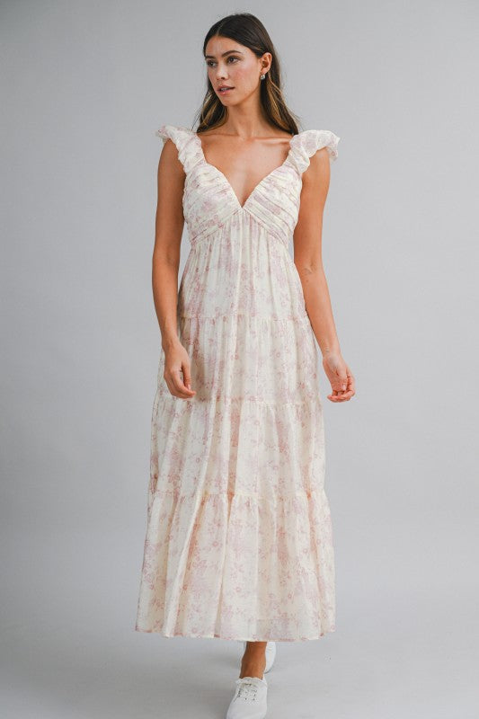 Floral Print Ruched Pleated Detail Midi Dress