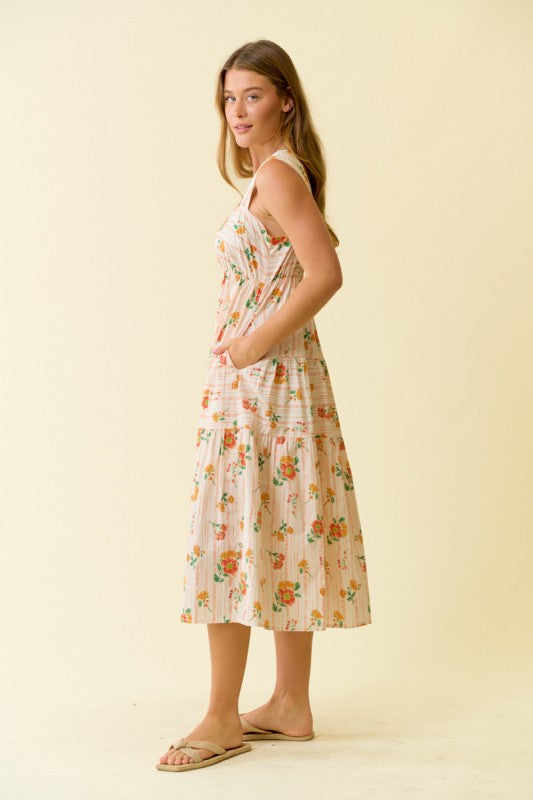 Floral Print Smocked Tiered Midi Dress