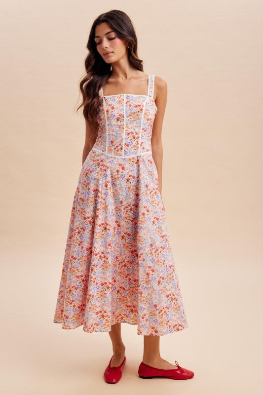 Contrast Piped Floral Maxi Dress