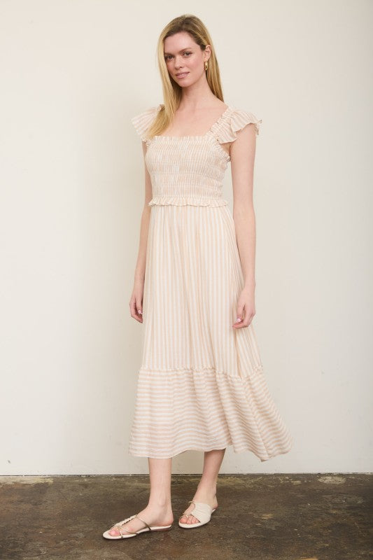 Stripe Smocked Ruffle Trim Midi Dress