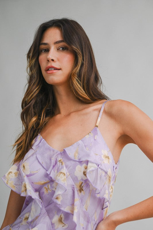 Floral Print Asymmetrical Tiered Ruffled Maxi Dress