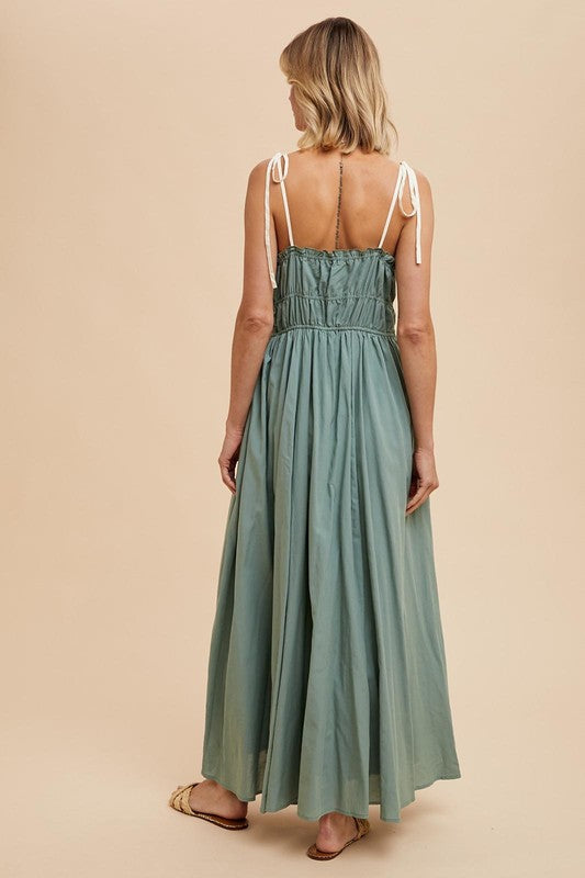 Cotton Blend Contrast Trim Maxi Dress
