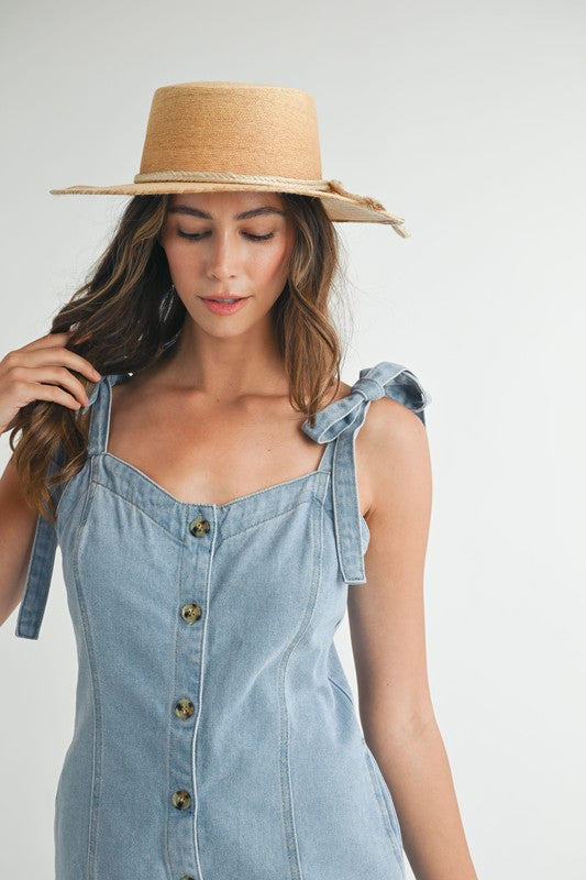 DENIM BUTTON DOWN ROMPER WITH SHOULDER TIE DETAIL