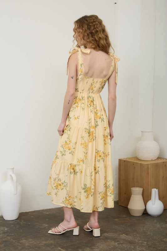 Floral Tie Strap With Scallop Lace Trim Midi Dress