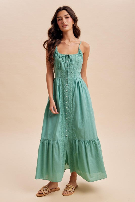 Gathered Cotton Button Down Maxi Dress