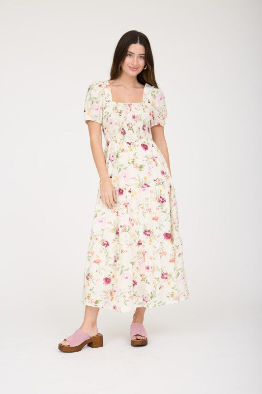 Floral Smocked Puff Sleeve A-line Midi Dress