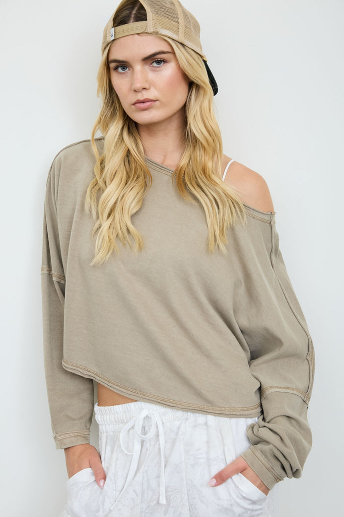 Boat Neck Raw Edge Long Sleeve Cropped Knit Top