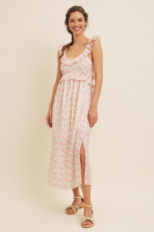 Romantic Floral Slit Midi Dress With Ruffles