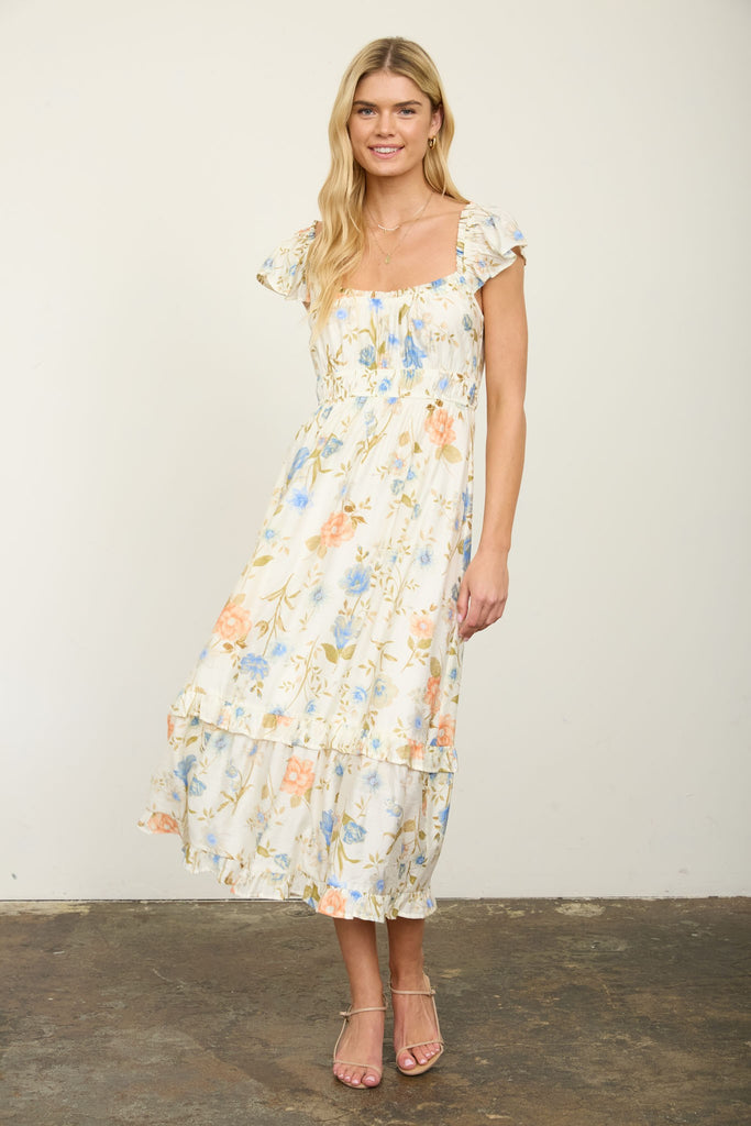 Floral Scoop Neck Ruffle Short Sleeve Midi Dress
