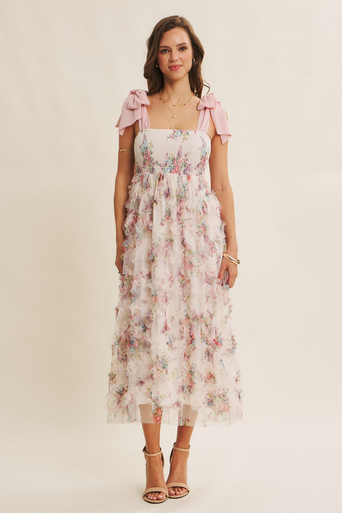 Textured Floral Smocked Midi Dress Tie Straps