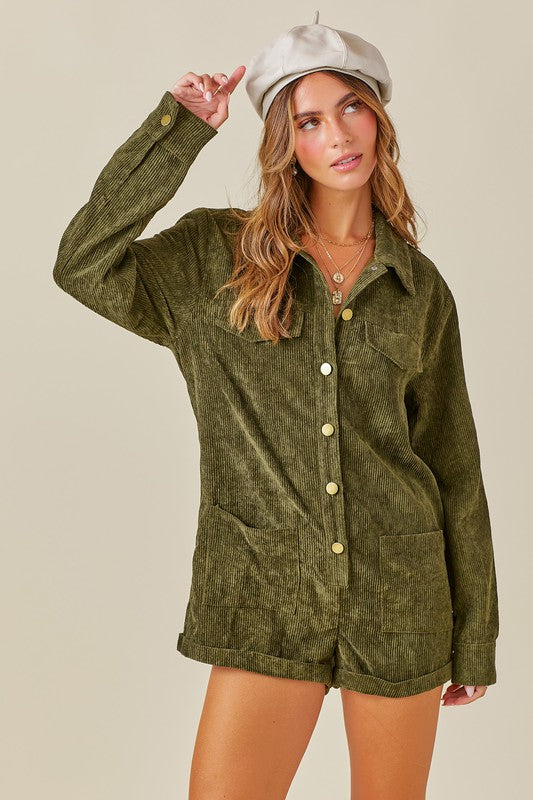 BUTTON DOWN CORDUROY ROMPER WITH POCKET DETAILS