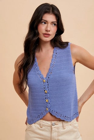 Crochet Trimmed Button Down Sweater Vest