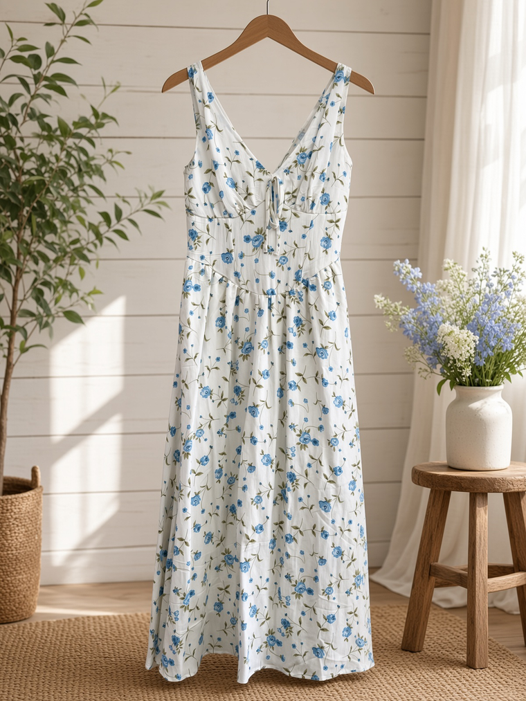 Floral V Neck Sleeveless Corset Midi Dress