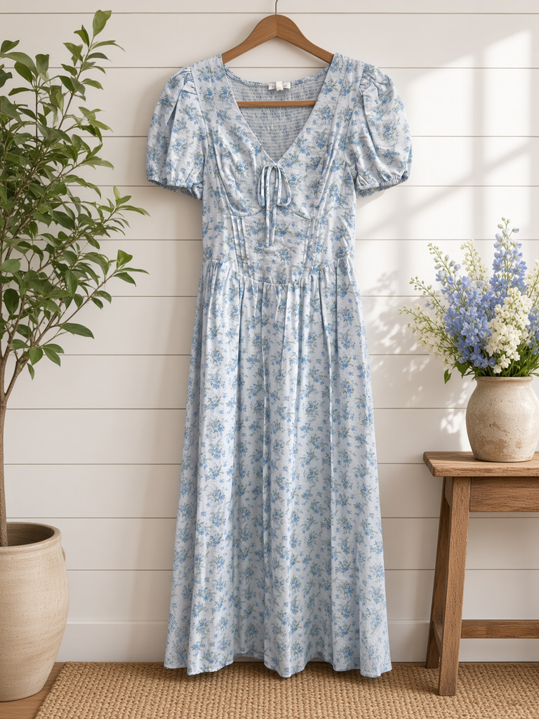 Floral Puff Sleeve V Neck Corset Detail Midi Dress