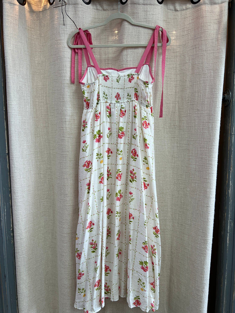 Floral Tile Pattern Scalloped Tie Strap Midi Dress