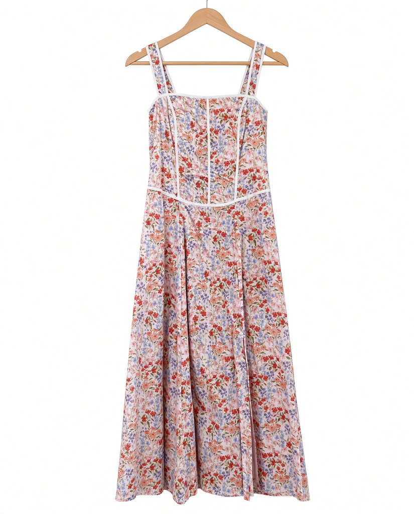 Contrast Piped Floral Maxi Dress