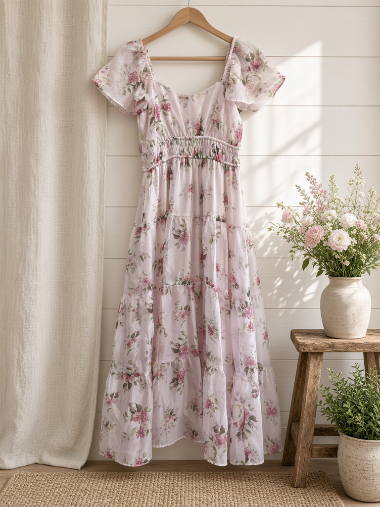 Floral Chiffon Flounce Sleeve Shirred Midi Dress