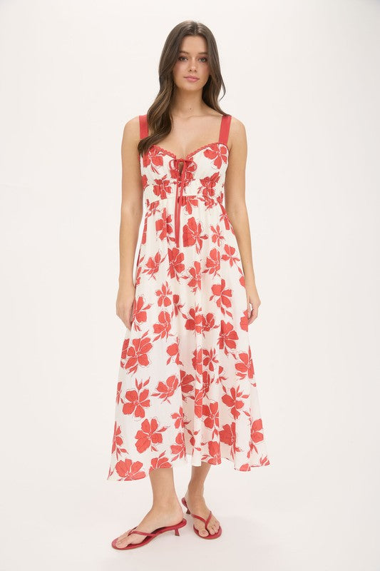 Floral Sweetheart Front Tie With Cutout Midi Dress