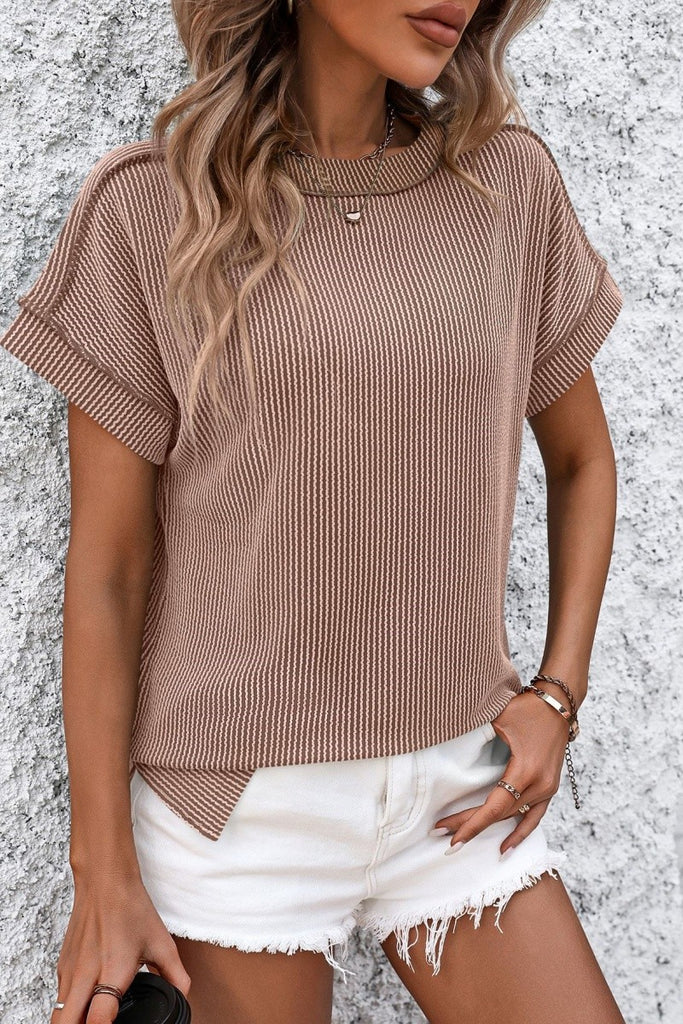 Ribbed Knit Top Relaxed Fit Short Sleeve Pocket Detail