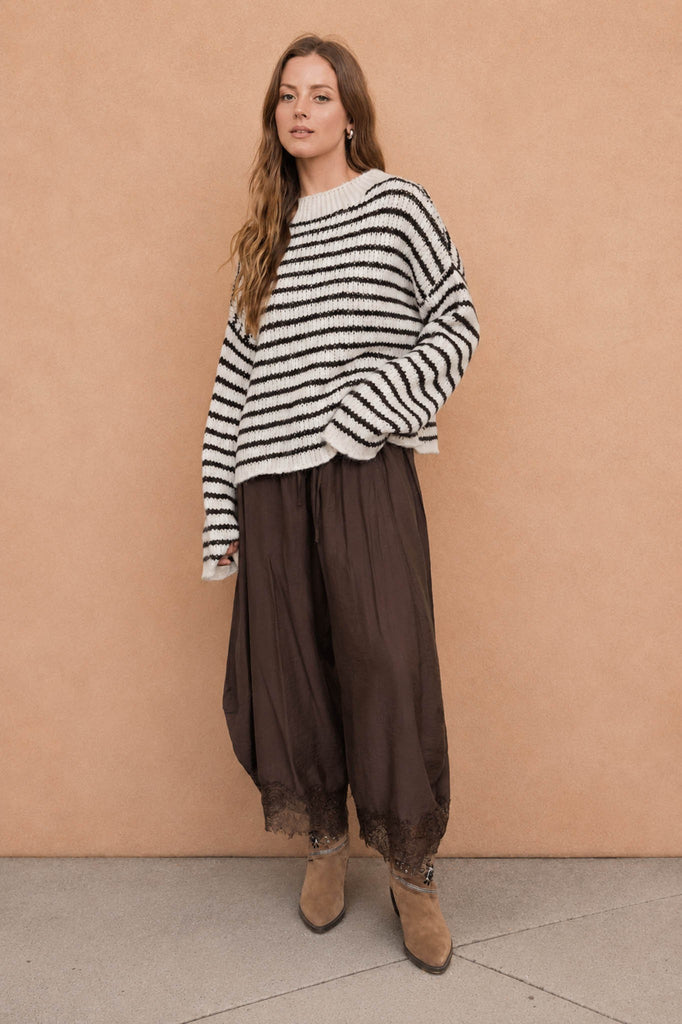 Stripe Rolled Edge Detail Long Sleeve Knit Sweater