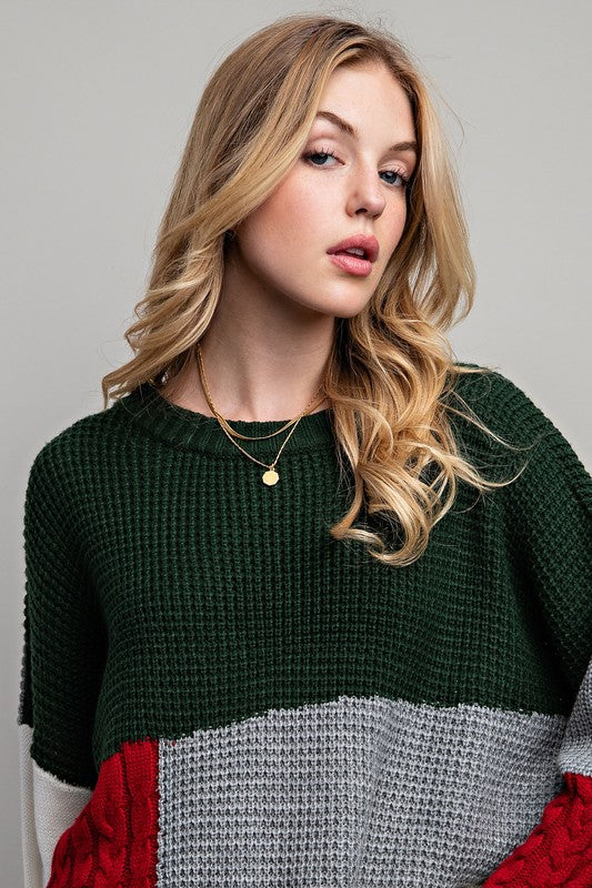CHUNKY KNIT COLOR AND PATTERN BLOCK SWEATER