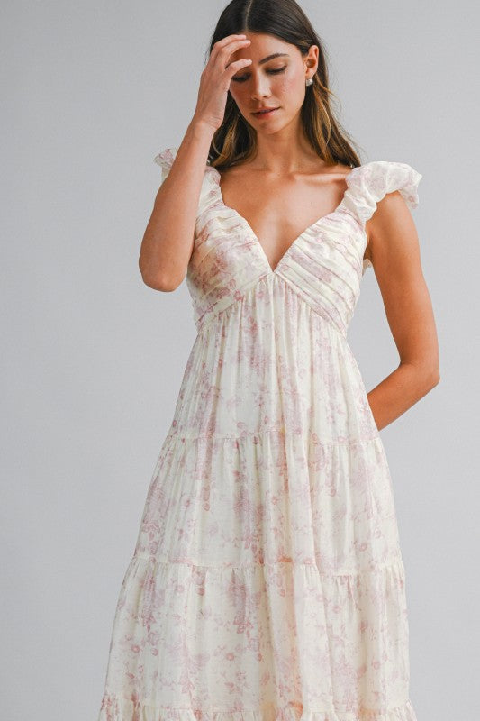 Floral Print Ruched Pleated Detail Midi Dress