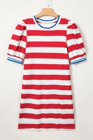 Stripe Contrast Trim Round Neck Short Puff Sleeve Dress
